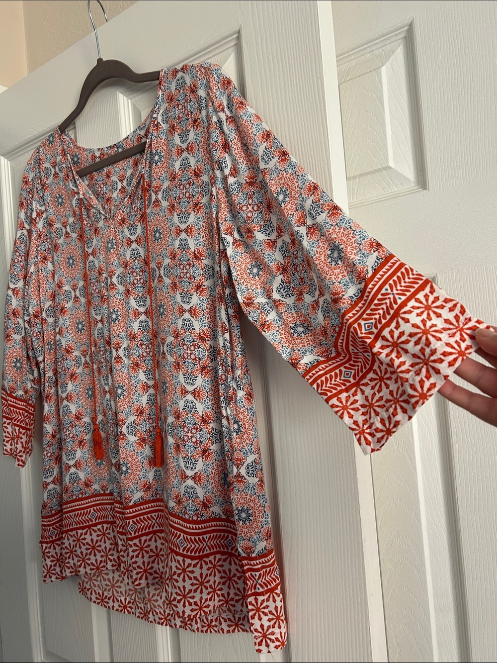 Boho Medallion Print Tunic M/L Rayon Tassel Tie Peasant Blouse - Picture 6 of 12